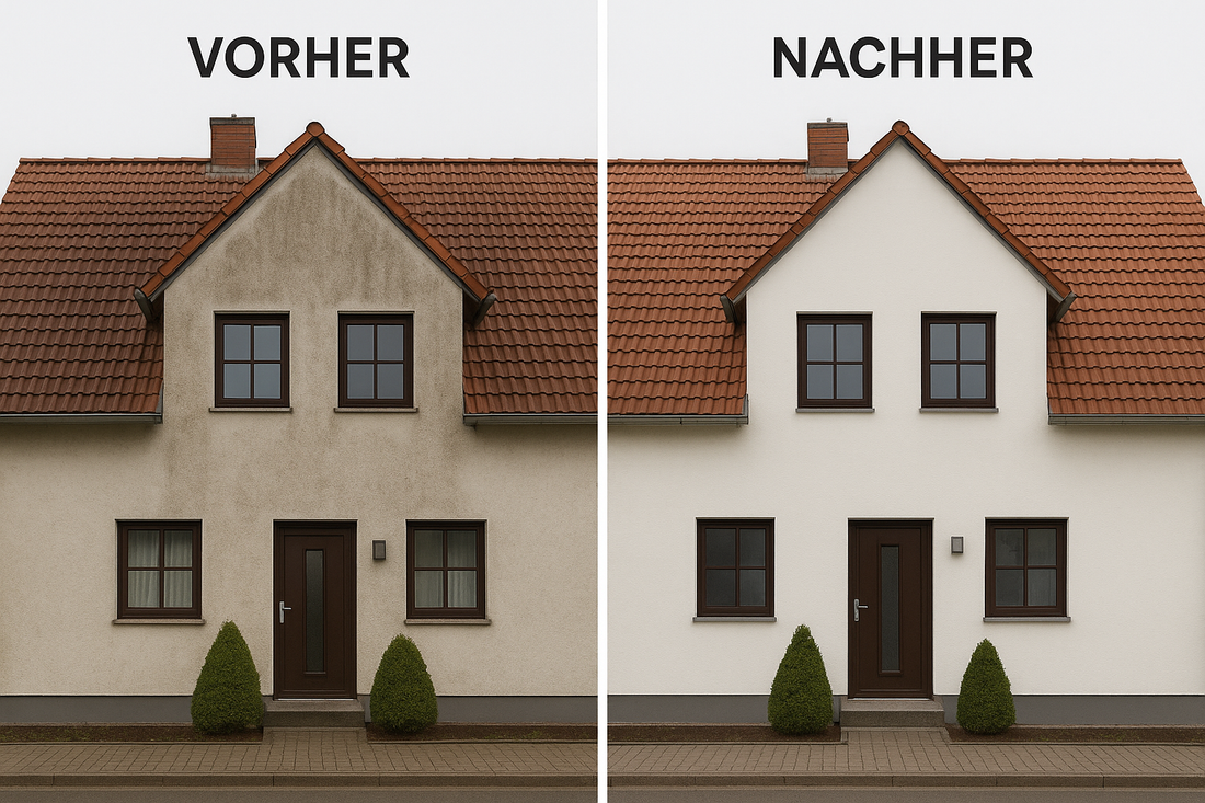 Vorher-Nachher-Vergleich einer professionellen Fassadenreinigung mit ROCKETWASH – deutlich sichtbar saubere, aufgefrischte Hausfassade nach der Reinigung
